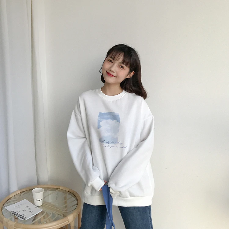 Осенняя Женская weatshirt, зимний стиль, harajuku, Корейская одежда, модный принт с буквами, небесно-белые, большие размеры, худи для женщин