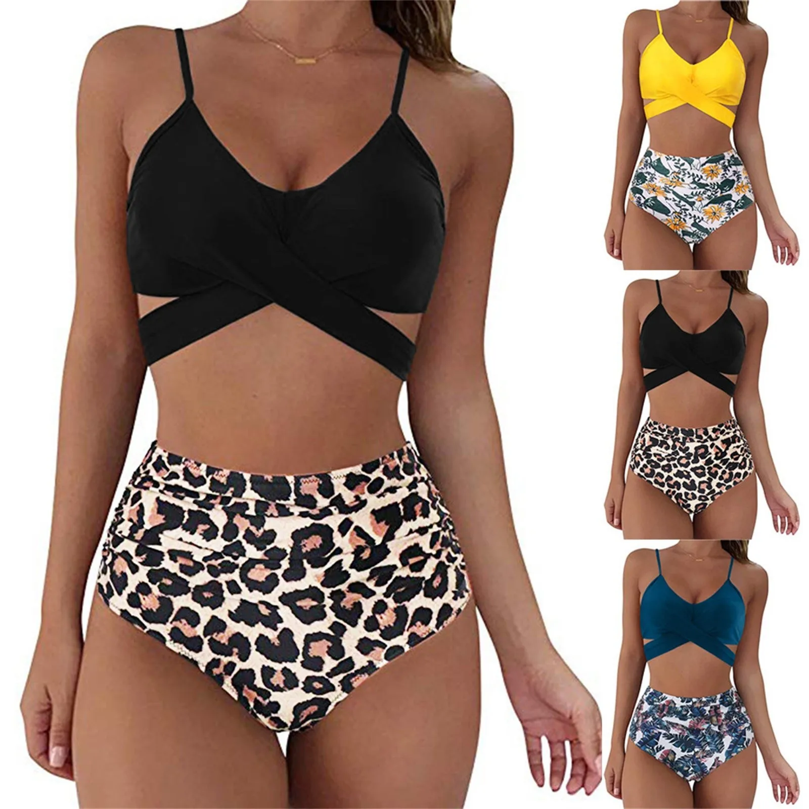 Women's Summer Sexy Solid Color Split Two-Piece Halter Bikini Swimsuit Ladies High Waist Strap |