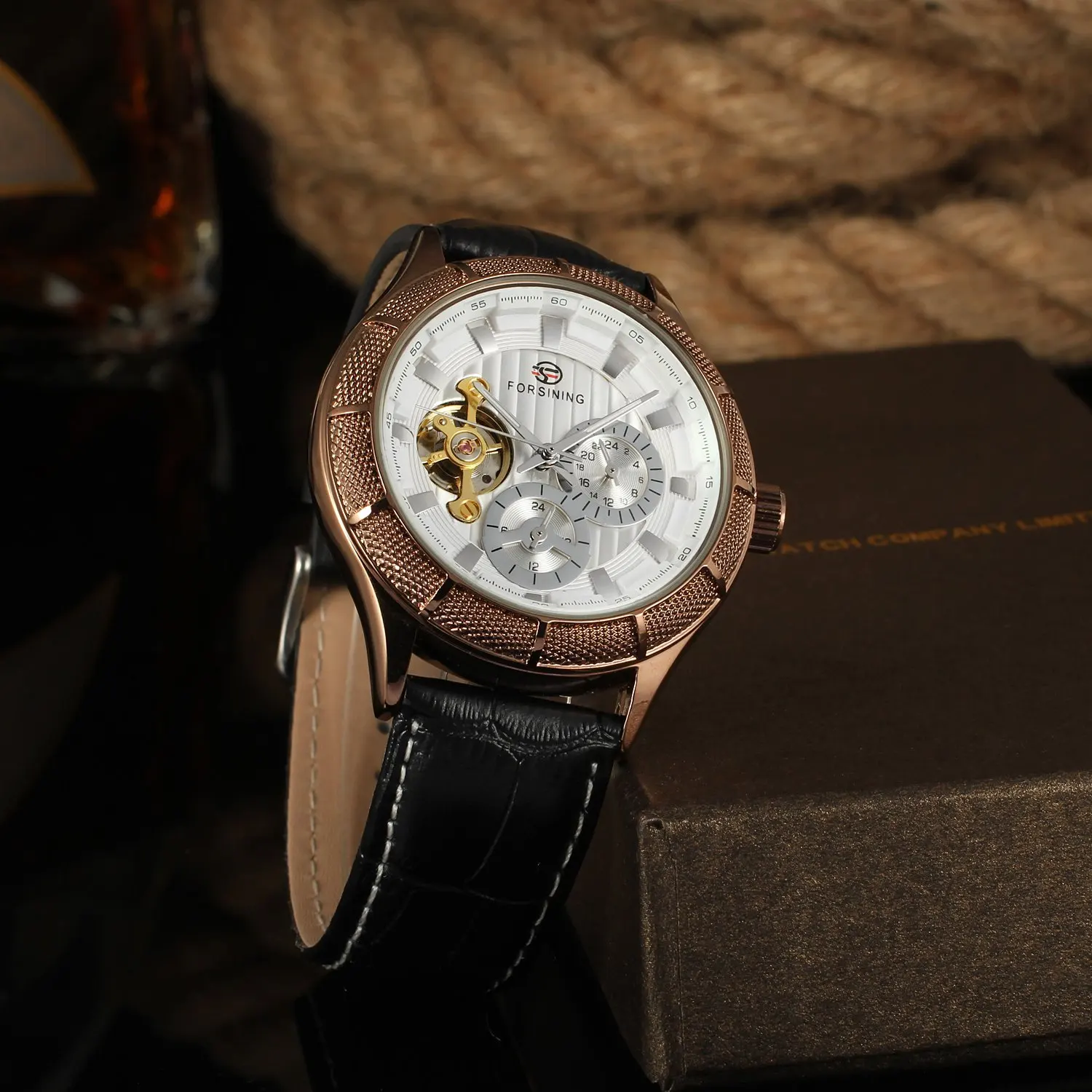 Forsining маховик Moon Phase многофункциональные полностью автоматические Аналоговые часы Мужские часы с кожаным ремешком наручные часы