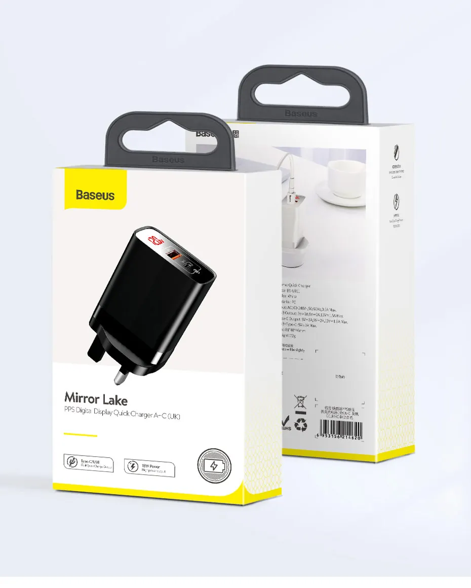 Зарядное устройство Baseus с цифровым дисплеем Quick UK Charge 3,0 USB, 18 Вт, PD 3,0, быстрое зарядное устройство для iPhone 11, зарядное устройство для мобильного телефона, USB C, зарядное устройство