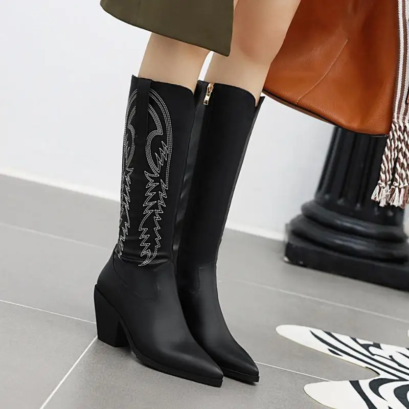 RizaBina Plus Size 31-47 Knee High Boots For Women Winter Keep Warm Fur Zipper Pointed Toe High Heel Boots Western Shoes Women