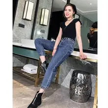 Женские джинсы больших размеров с завышенной талией, Осенние эластичные свободные джинсовые штаны, брюки больших размеров