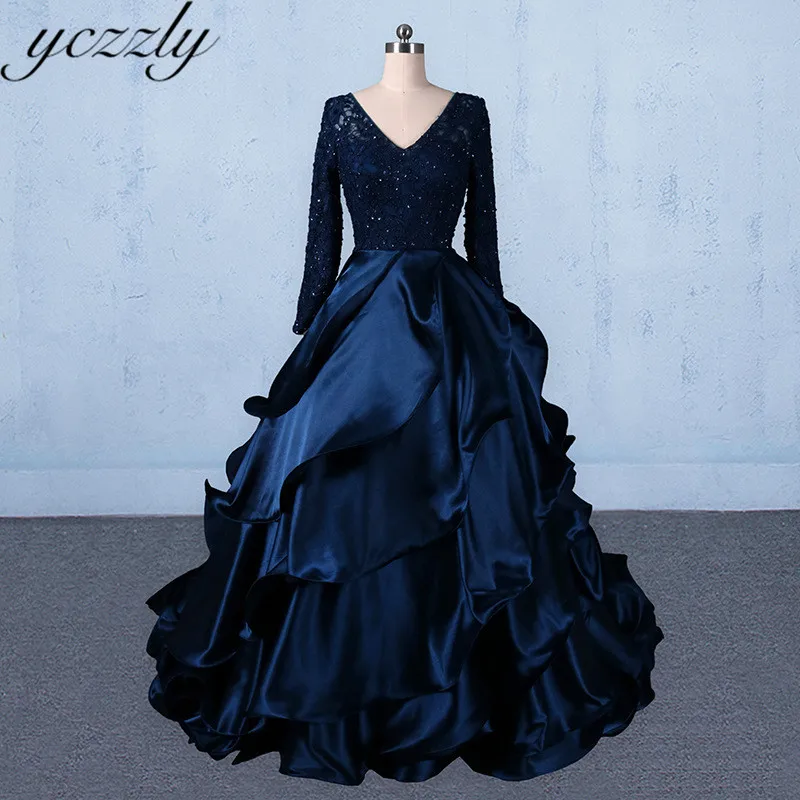 Vestido Longo Festa, элегантная, v-образный вырез, кружево с аппликацией и бисером нарядное бальное платье Темно-синие женская блуза с послойным расположением ткани, оборочками и v-образным вырезом длинное вечернее платье YE55