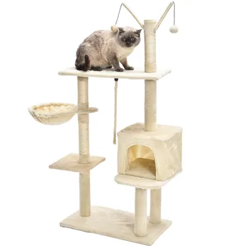 

Finether 53.1" Muti-Tier Beige Cat Tree Towel Cat Play Furniture Scratching Posts Playhouse with Perches and Basket Climb Play