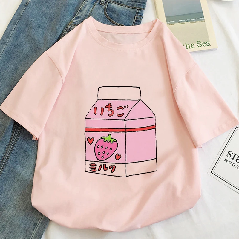 Japan Strawberry Juice Graphic Print T-shirt Women 2020 New Summer Fashion Tshirt Tee Harajuku Aesthetic Pink Top Female T Shirt