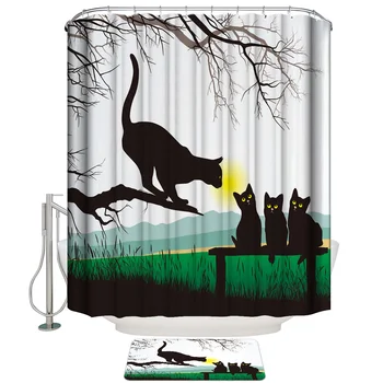 

Bench Branches Landscape Kitten Grass Park Shower Curtain with Hooks Doormat Bath Floor Mat Waterproof Polyester