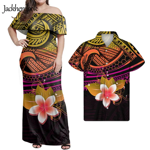 Jackherelook Womens Vintage Maxi Dresses Samoan Hibiscus Polynesian Tribal Brand Design Summer Unisex Clothes Off Shoulder Dress Navy Blue