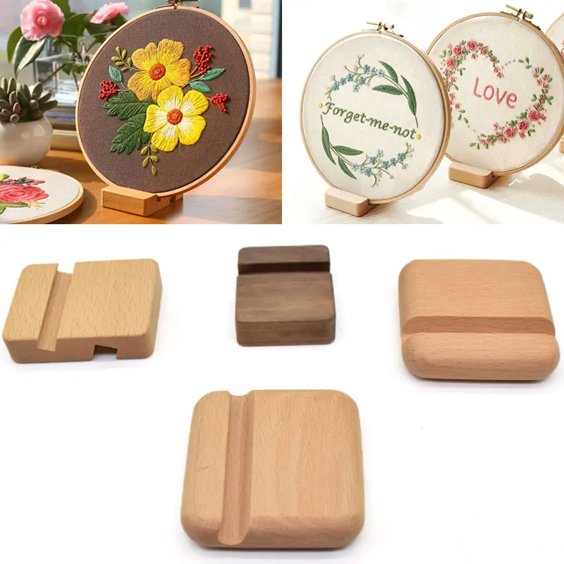 1PC Beech Solid Wooden Embroidery Hoop Base Bracket Mobile Phone Stand Holder Desk Phone Base Portable Handicrafts Decoration