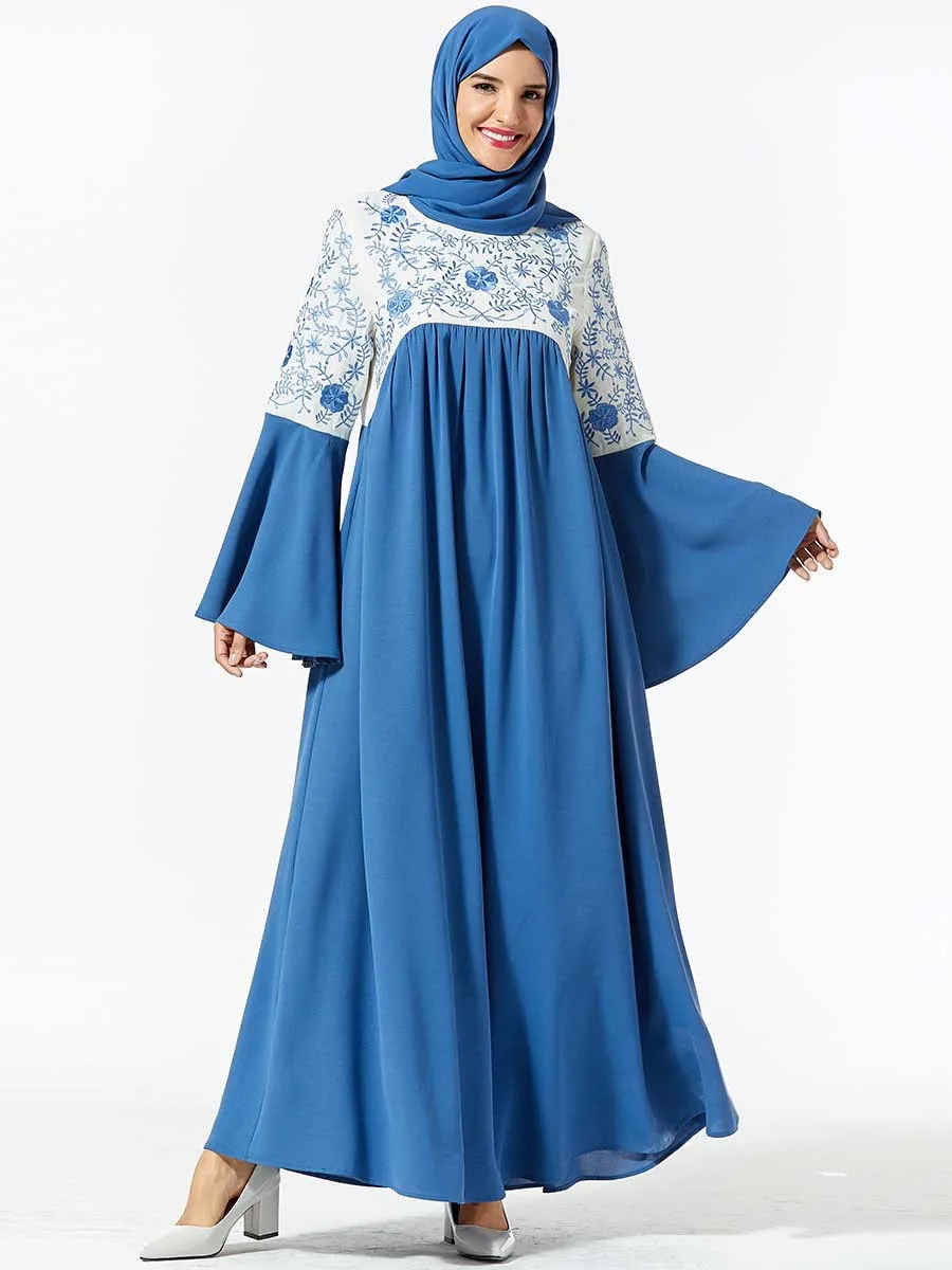 Абая кафтан Дубай Цветочная вышивка Макси платье для женщин с расклешенными рукавами Свободные Рюшами Длинный Халат мусульманское коктейльное платье арабское платье джилбаба