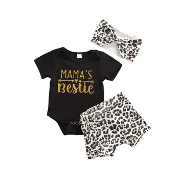 

0-18M Fashion summer Clothes for Toddler Baby Girls Boys 3pcs Letter black Romper Top Leopard Shorts Headband cotton outfits