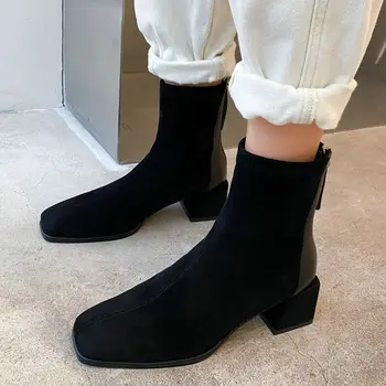 

Women Square Toe Mid Heels Ankle Boots Chunky Heels Zip Fall Spring Fashion Sewing Dress Black White Booties