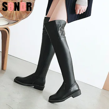 

Women's Boots 2019 Winter New European Style PU Leather Thick High Heel Platform Shoes Woman Over Knee Boots size 34-43