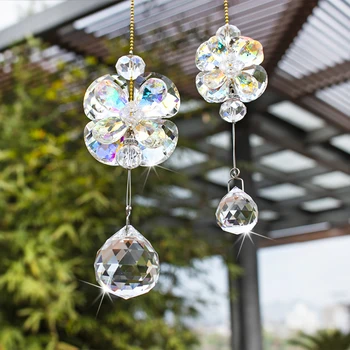 

H&D Set 2 Hanging Crystal Clover Suncatcher Ornament Car Rear View Mirror Pendant Lucky Crystal Ball Car Accessories Home Decor