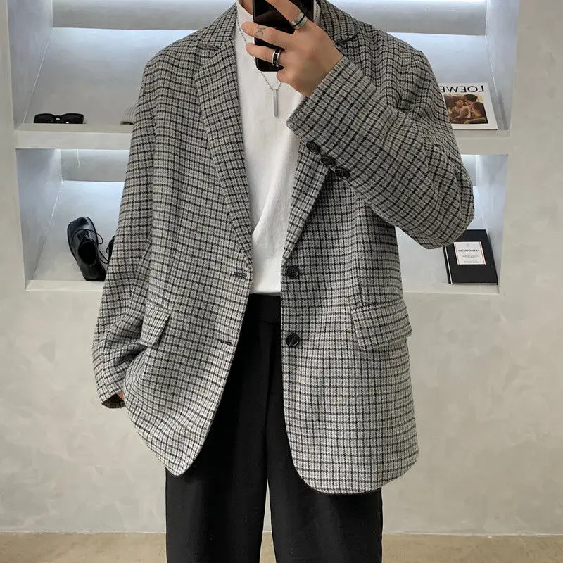 

Plaid Woolen Jacket Men's Fashion Retro Casual Woolen Blazer Men Streetwear Wild Loose Korean Woolen Dress Jacket Mens M-XL