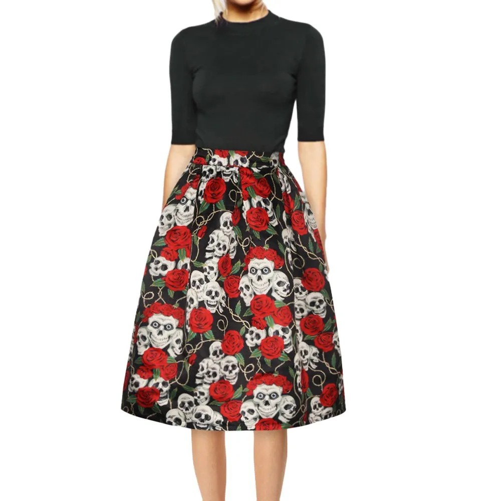 

floral skirt Women Casual Halloween Flare Elastic High Waist Cosplay skull midi Skirt d90905
