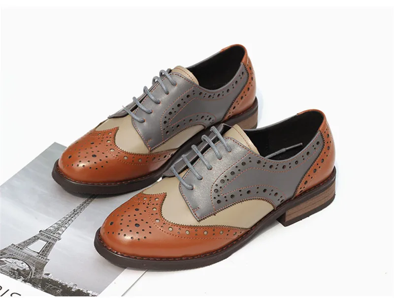 British Genuine Leather Female Oxford Shoes College Spring New Thick Heel 3cm Women Brogues Retro Carved Single Shoes Large Size (14)