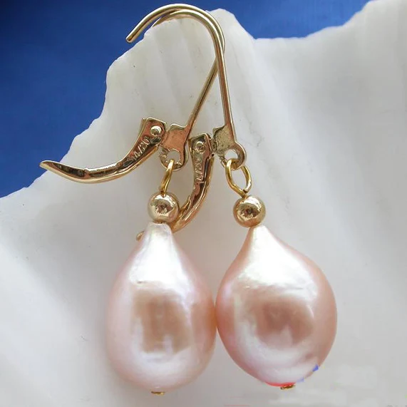 

New Favorite Pearl Jewelry 15mm Pink Drop Freshwater Pearls 14k/20 GP Dangle Earrings Wedding Party Birthday Charming Lady Gift