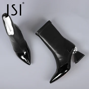

JSI Mid-calf Winter Sexy Boots Woman Pointed Genuine Leather Patchwork Boots Ladies Strange High Heel Short Boots JC780
