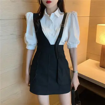 

Free Shipping Puff Half Sleeve Lady White Blouse + Fashion Design Black Suspender Skirt Women 2 Pieces set
