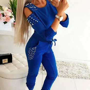 

Two Piece Women Clothing Sets Casual Outfit Long Sleeve Pearl Hollow Out Solid Lady Clothes Tracksuit Clothing Top And Pants D40