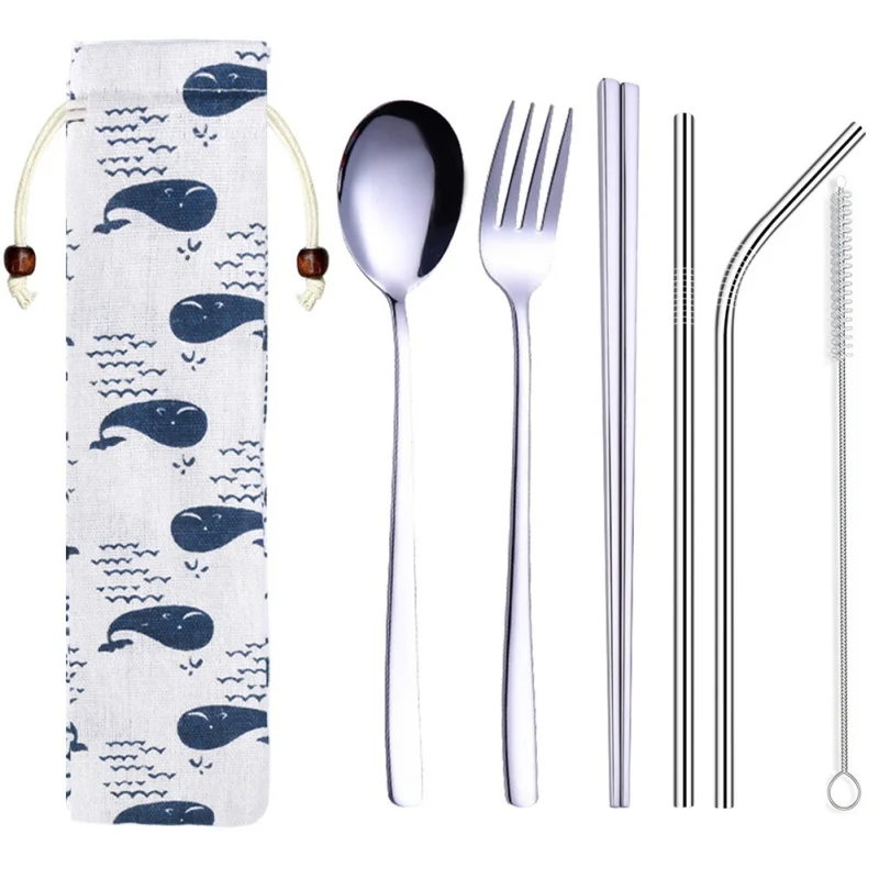 5 шт. Нержавеющая сталь защита окружающей среды красочные ложки вилка соломы палочки для еды с льняной сумкой