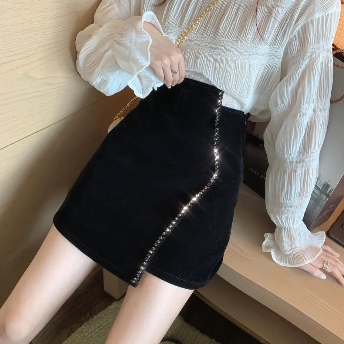 Ins CHIC Europe French Irregular Velvet Hand Bead Rhinestone Woman Velour Mini Skirt High Waist Bodycon Lady Bottom Black Winter