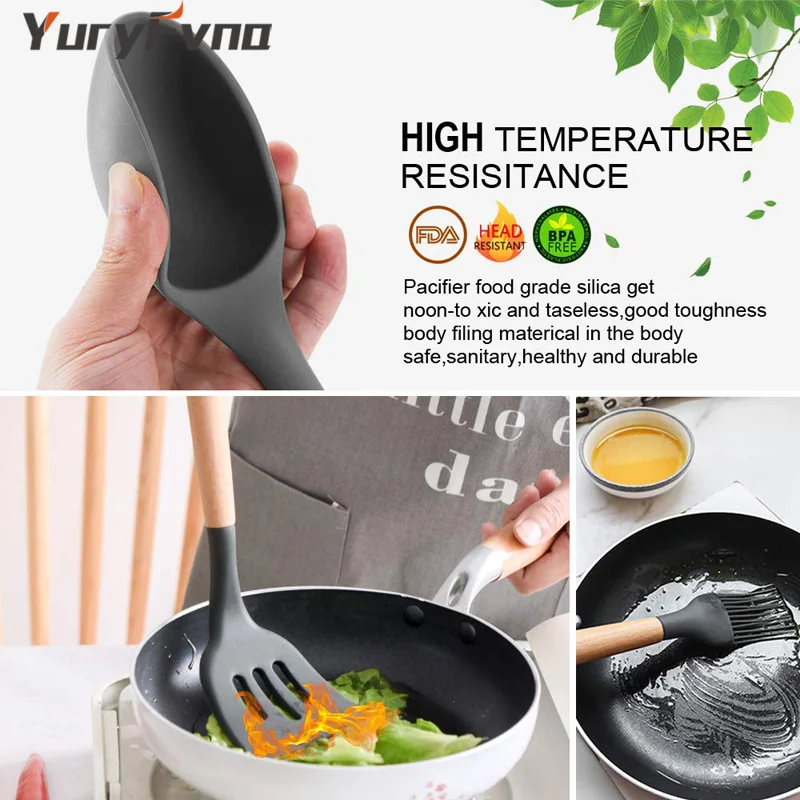 YuryFvna, силиконовая кухонная утварь с деревянной ручкой, кухонные инструменты, щипцы, лопатка, ложка, венчик, посуда с антипригарным покрытием