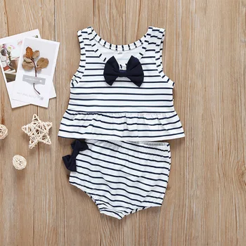 

Bow Kids Beach Split Swimsuits 2020 Summer New Striped Ruffled Girls Swimsuit Baby Girl Swimming Suit Vest + PP Shorts Outfits