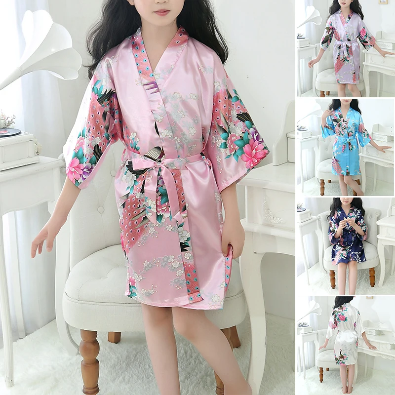 Детская Пижама-кимоно для девочек на свадьбу с цветочным рисунком, шелковое атласное платье, халат для сна