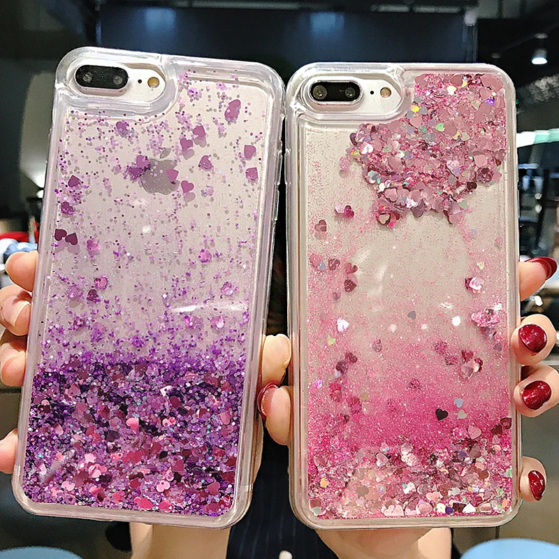 Розовый Блестящий чехол для телефона с сердечком iPhone XS Max X XR жидким песком 5S 6S 6 7 8