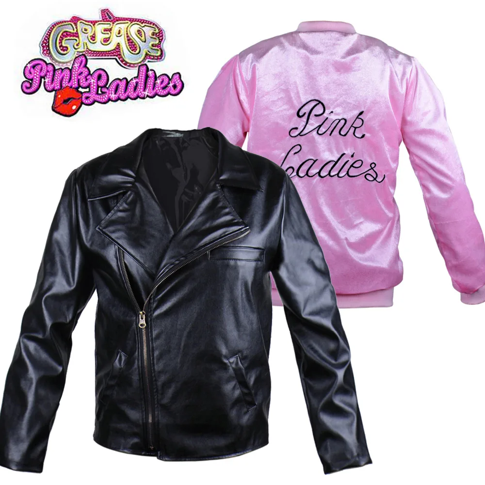 Goedkoop Greaser Paar Sandy en Danny Cosplay Kostuum 50s Rockabilly Roze Dames T vogels Jas Volwassen Vrouwen Mannen halloween Fancy Dress
