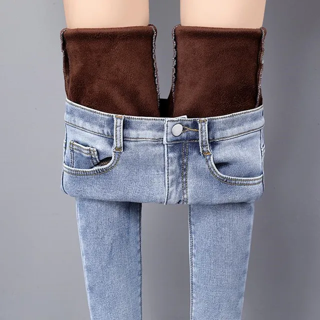 Light blue brown Winter Warm Jeans Woman New High Waist Casual Velvet Ladies Trousers Female Pantalon Denim jeans for Women Pants Plus size - Цвет: Light blue brown
