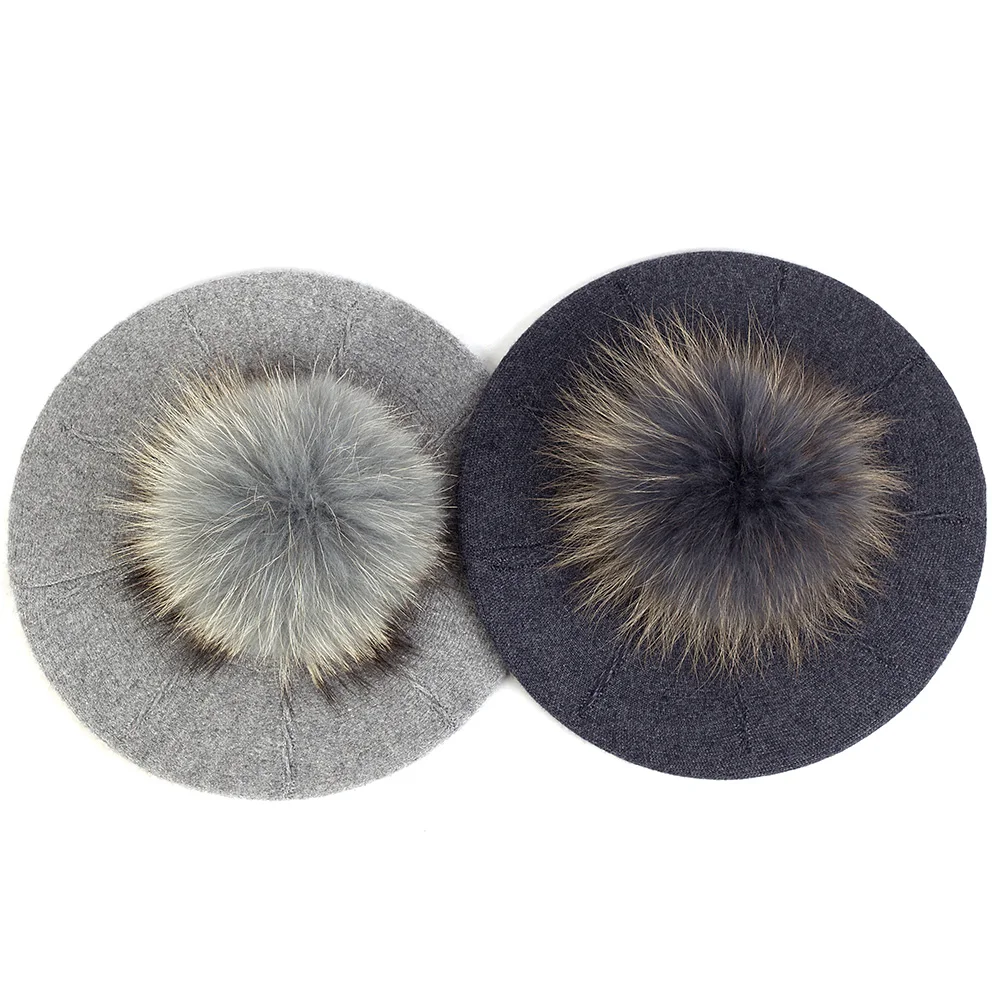 Geebro Female Winter Berets with 15 cm Real Ball Pom Pom Hat For Women Girl's Knitted Cap Thick Women'S Slouchy Skullies Beanies 5