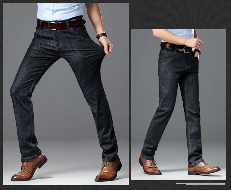 Новинка, модные классические деловые джинсы для мужчин, высокая эластичность, прямые тонкие джинсы, мужские джинсовые штаны, эластичные черные, синие джинсы