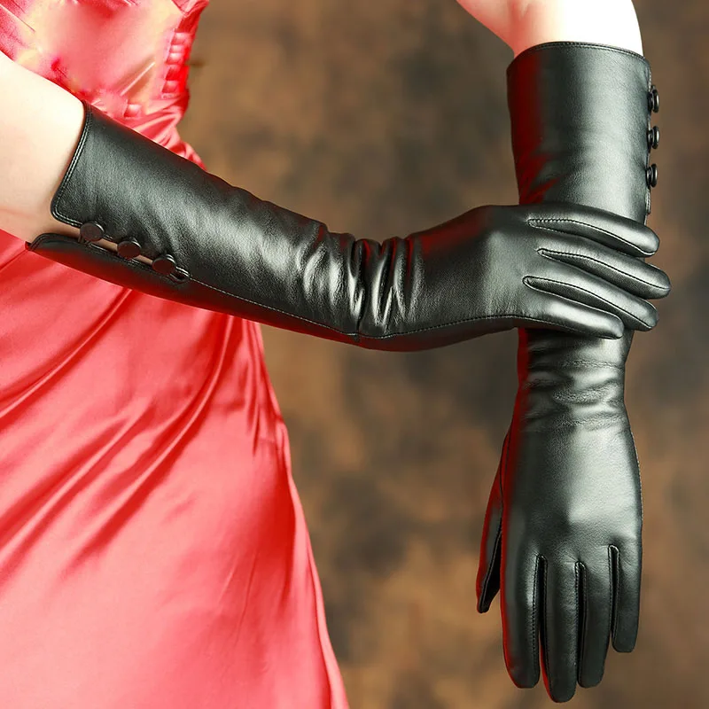 Настоящие Кожаные женские перчатки высокого качества черные козья кожа женские перчатки 40 см Длинные осень зима плюс бархатные тонкие руки X99