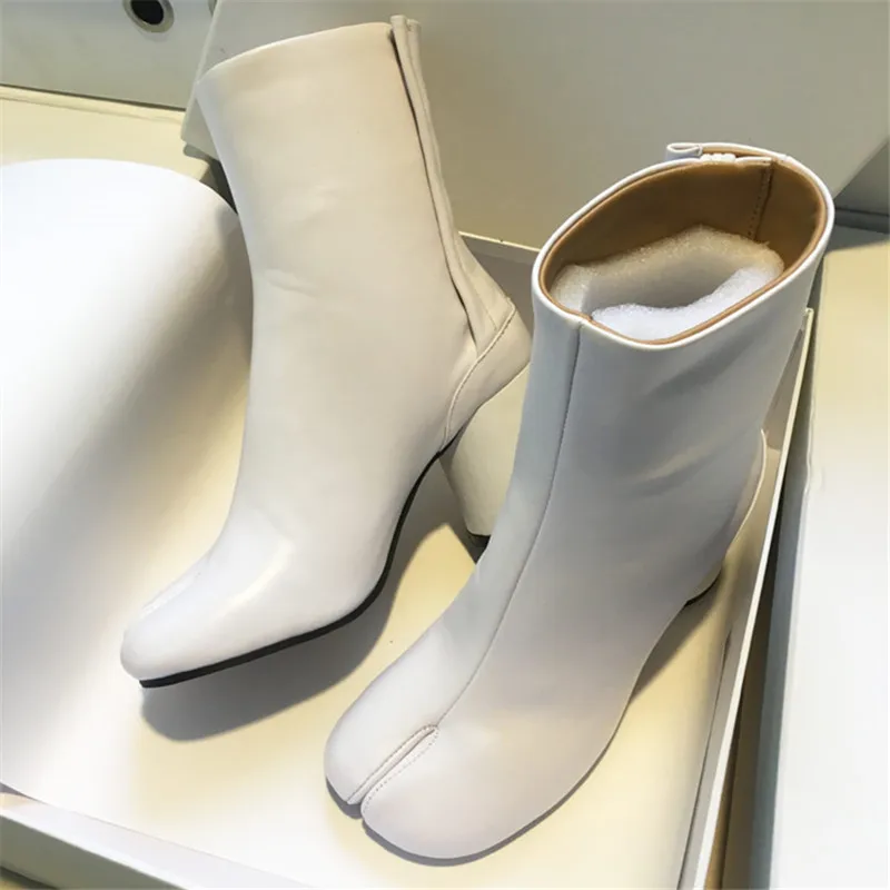 

Women Split Toe Genuine Leather Ankle Boots Hook & Loop Closure Type Round Heels Woman High Heels Shoes Ninja Tabi Boots