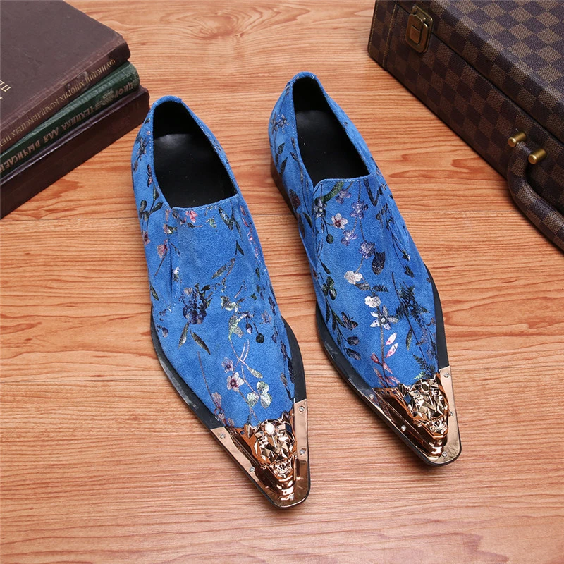 Mocasines azules metalizados para hombre, zapatos de vestir de fondo rojo, de diseñador, para baile graduación, planos estampado europeo|Zapatos oxford| - AliExpress