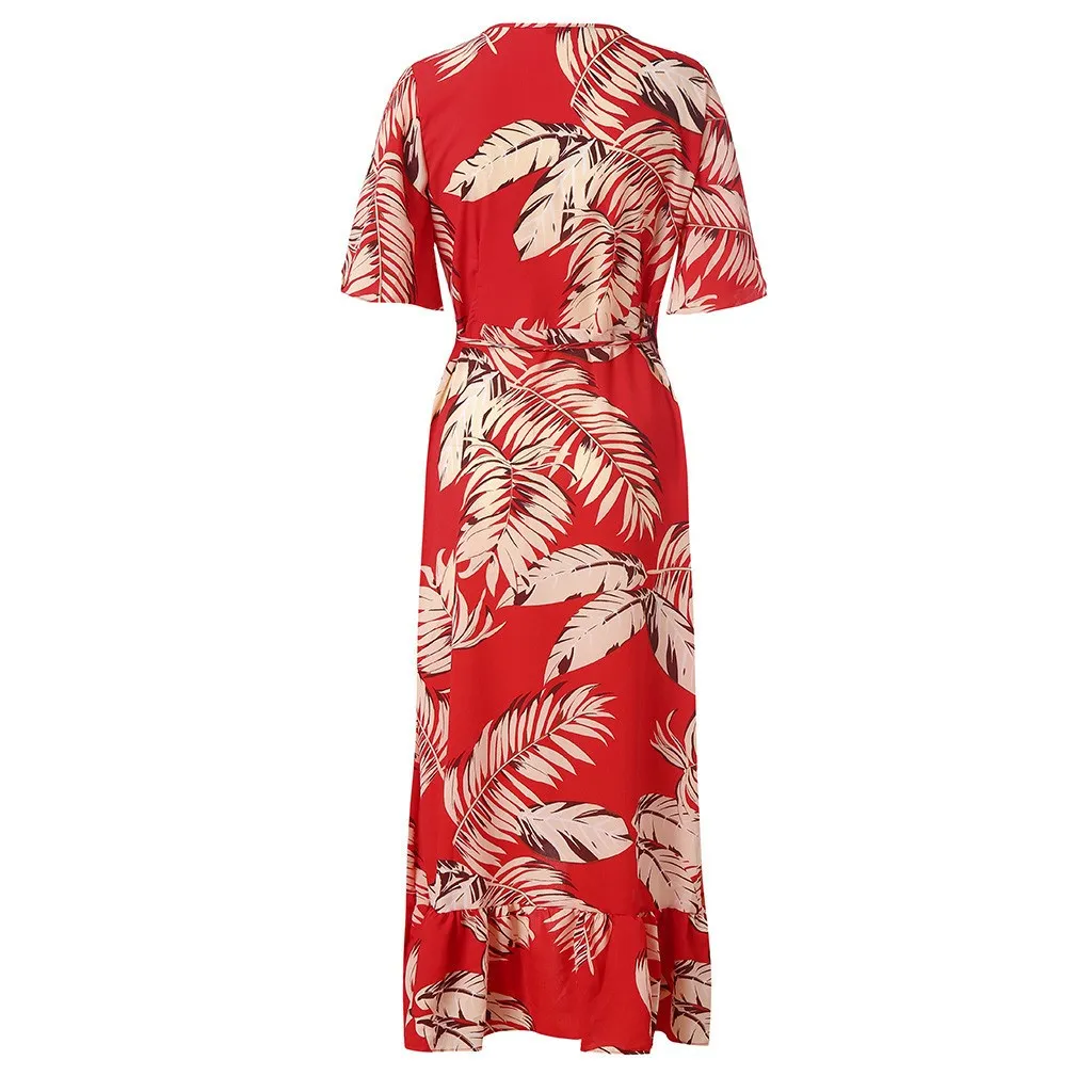 

Nice Tide Women Chiffon Sexy V Neck Summer Dress Bohemian Short Sleeve Irregular Sashes Sundress Green Print Beach Dress