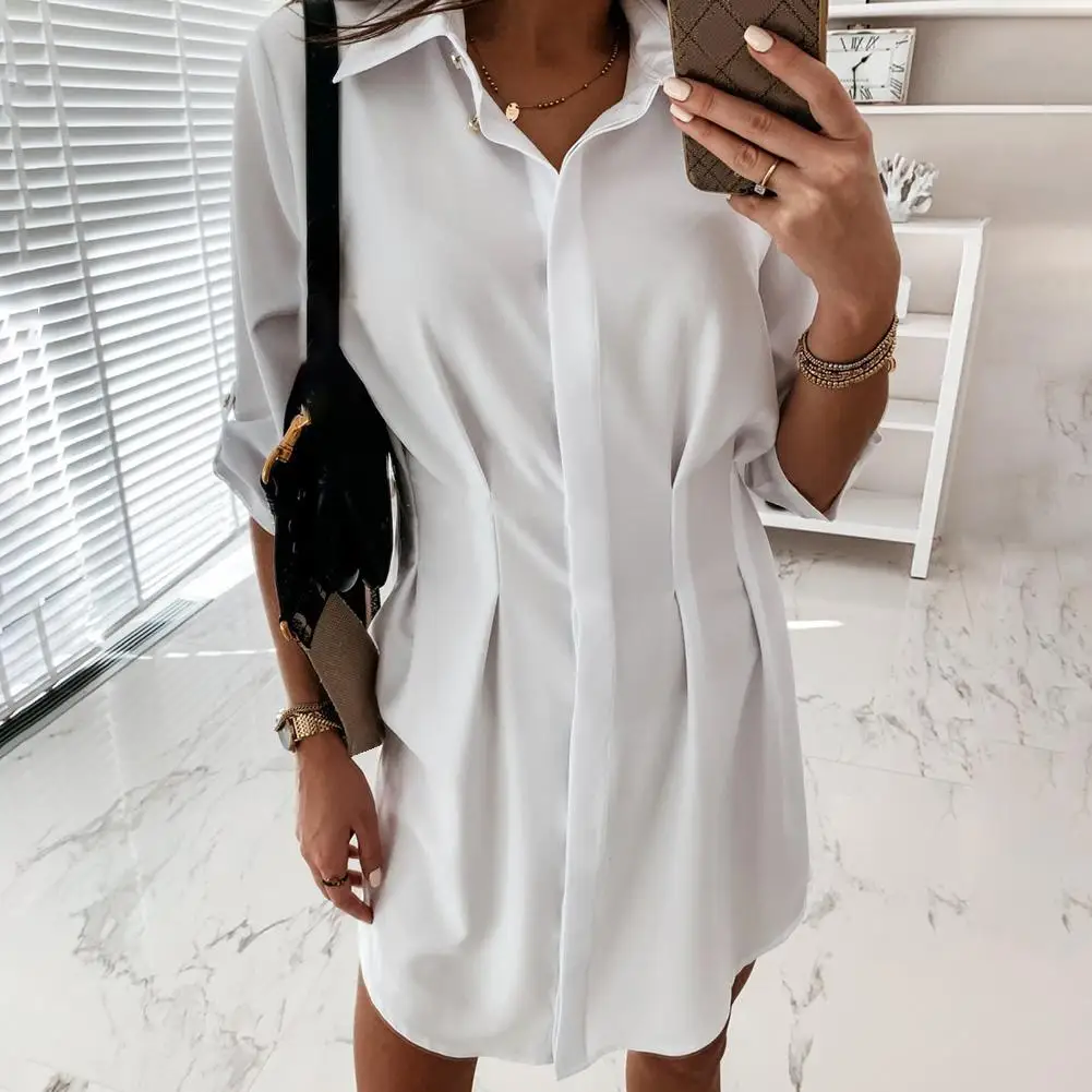 

Women Casual 3/4 Sleeve Buttons Irregular Hem Stitched Waist Long Shirt Mini Dress