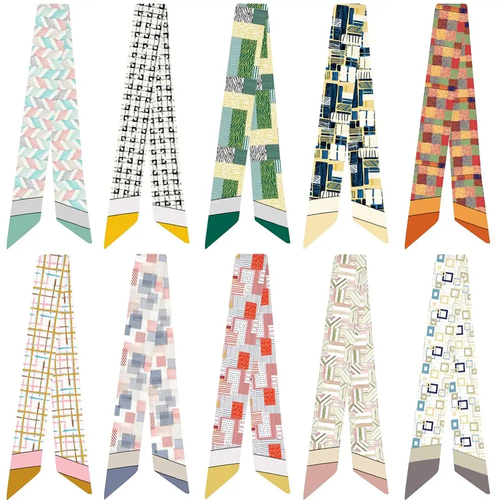 

Creative Geometric Plaid Printing Variety Bag Handle Tie Wrap Silk Scarf Small Scarf Multifunction Hand Ribbon