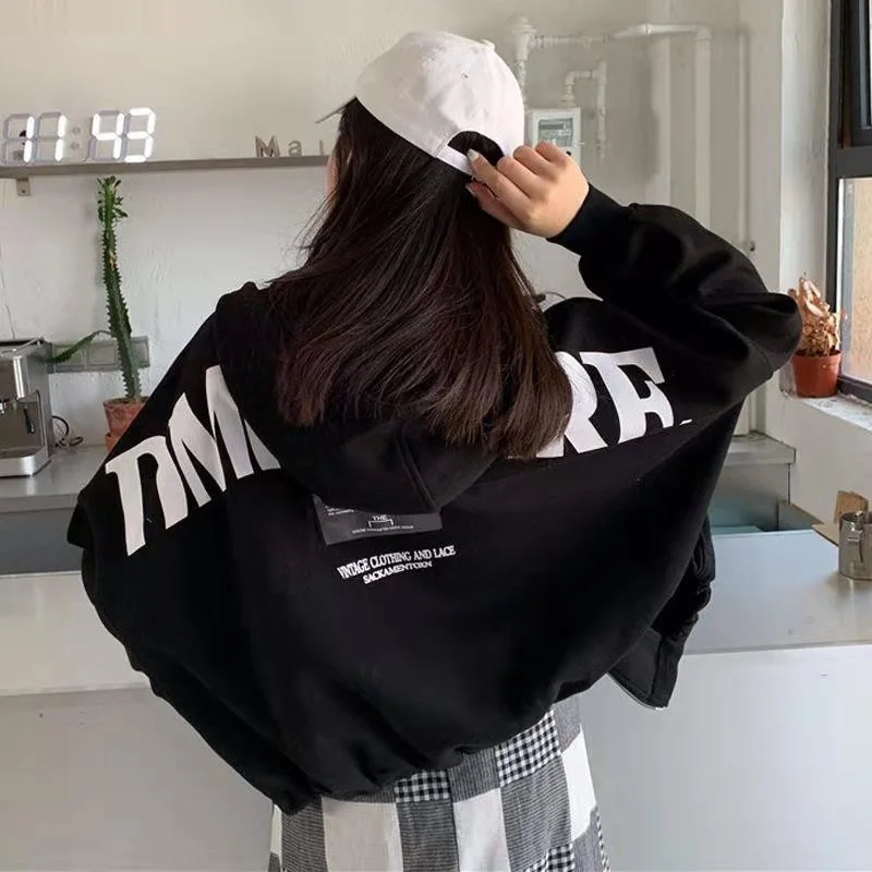 

My-Love Korean Hip Hop Coat Black Hoodie Women Jacket BF Style Female Casual Sweatshirt Autumn Long Sleeve Streetwear Tops