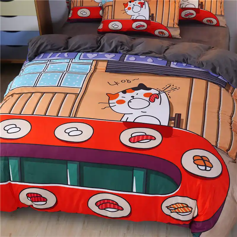 Cat Eating Sushi Bedding Set Baby Cashmere Bed Set Cartoon Duvet