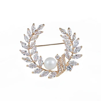 

LADYCHIC Luxury Olive Branch Zirconia Pearl Brooches for Women Shining Crystal Champagne Color Brooch Jewelry Accessories LH1023
