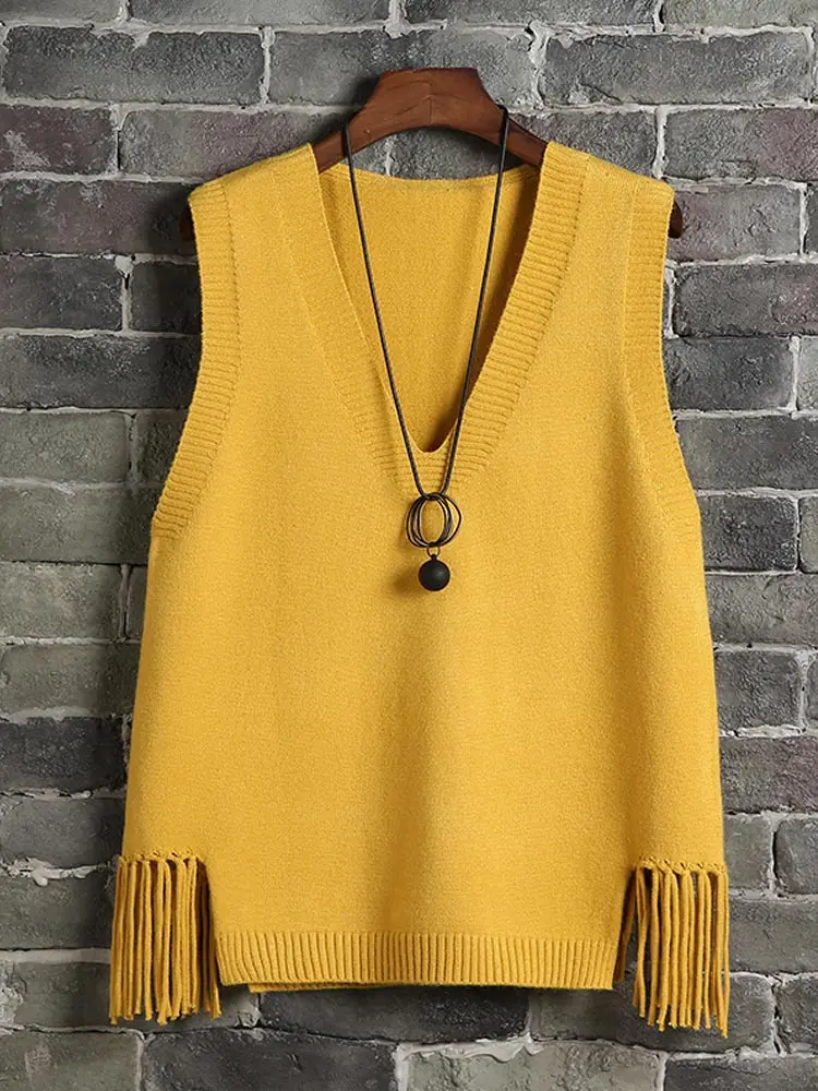 

2020 knitted vest women sweater vest with tassel ladies sleeveless gilet female chaleco casual waistcoat knitwear pullover tops