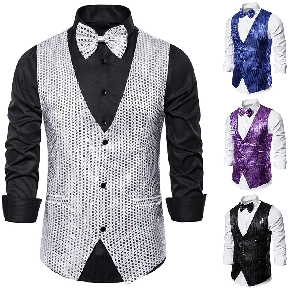 MoneRffi новые мужские Искрящиеся, с блестками жилет Slim Fit костюм с юбкой, костюм для сцены, ужин жилет для косплея на сцене; платье без рукавов с блестками