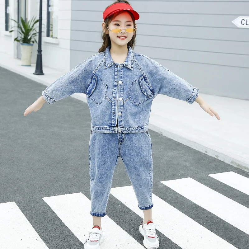 Vintage Children Clothing Spring Denim Jeans Girls Outfit Boutique 2pcs Set Kids Clothes Two Pieces  Girls Denim Clothing Sets