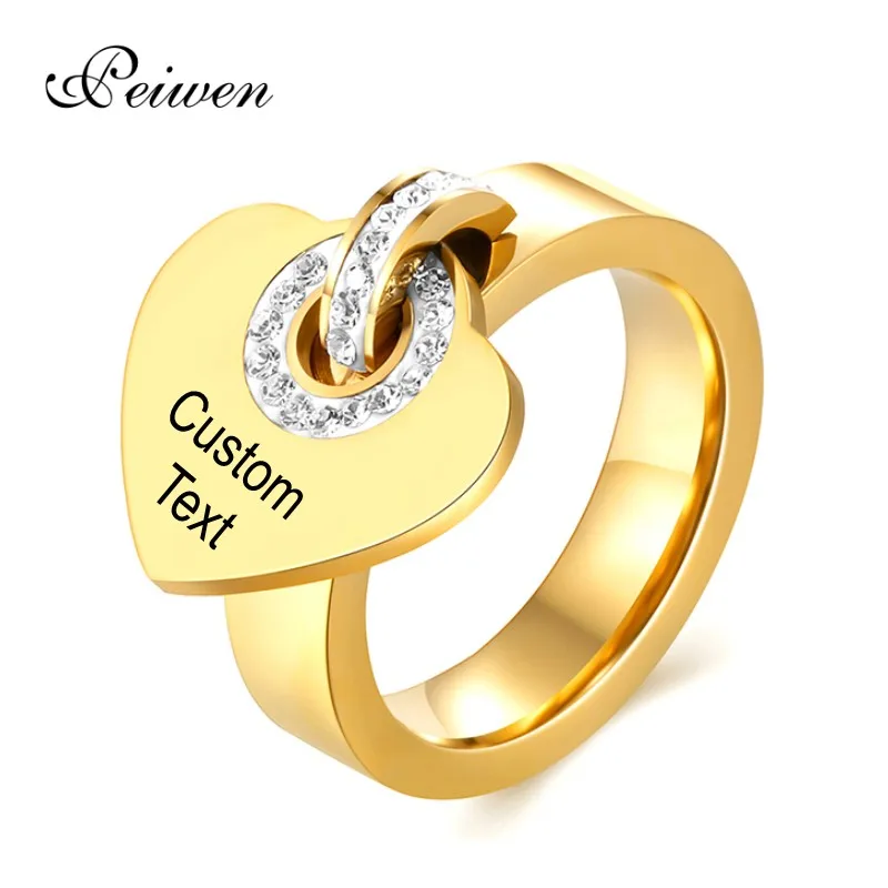 Personalized Custom Ring Stainless Steel Zircon Love Heart Rings For Women Men Engrave Name Date Couple Ring Wedding Bands u7 custom photo rings for man and woman white zircon 19mm width square round heart shape memorial picture stainles steel jewelry