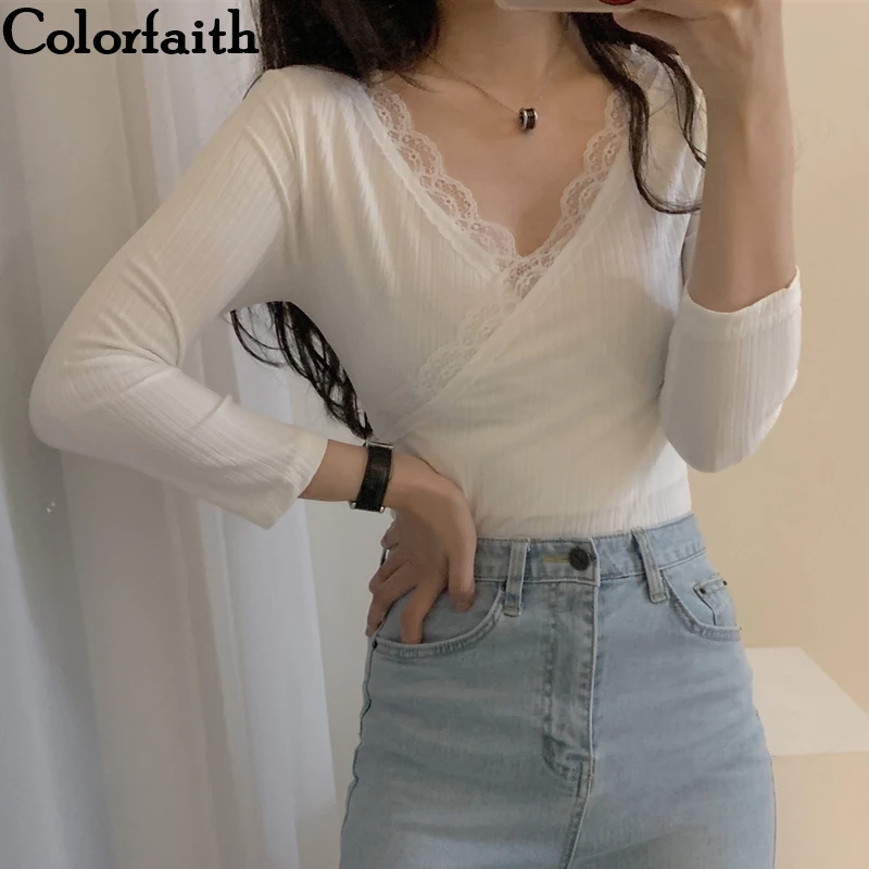 Colorfaith Новый 2019 Для женщин осенне-зимние футболки с тюлевым кружевом открытое
