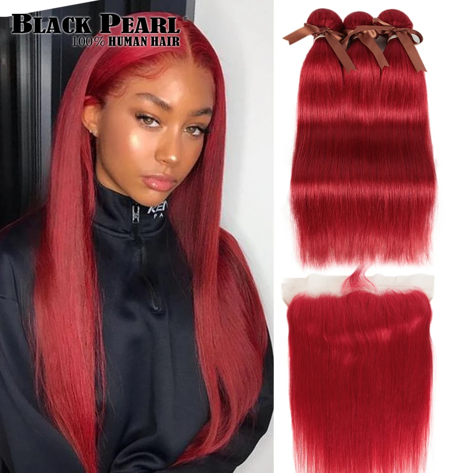 Pacotes com Frontal Brasileiro em Linha Extensões do Cabelo Pacotes de Pacotes Vermelhos com Frontal Preto Pérola Vermelha Reta Remy Humano 2 3 7 Cheap Pacotes com 34 com fecho