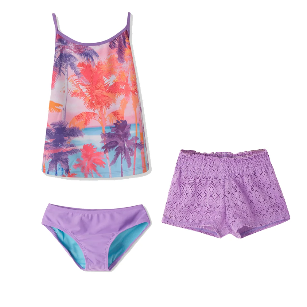 

Girls Tankini Set Swimsuits 3 Pieces Bathing Suit Camisole Top Purple Coco Print Swimsuit For Girl Kids
